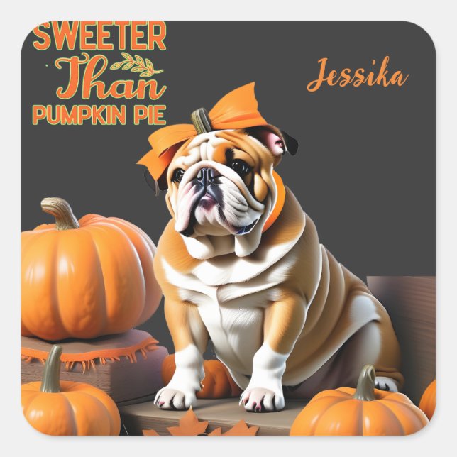 Adesivo Quadrado Halloween Docinho de Pumpkin Bulldog Personalizado (Frente)