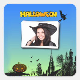 Adesivo Quadrado Halloween Dusk com Witch Adicionar Fotografia