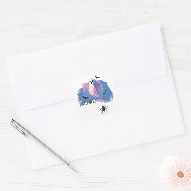 Adesivo Quadrado HALLOWEEN Fantasma Com Aranha (Envelope)