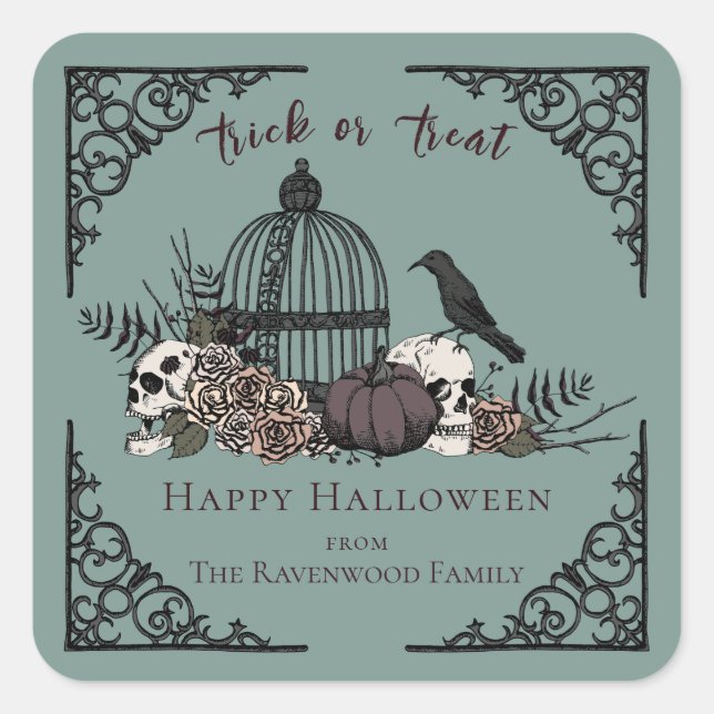 Adesivo Quadrado Halloween Feliz Elegante Eucalyptus Gótico (Frente)