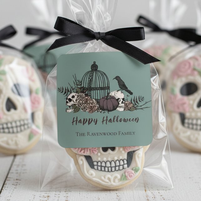 Adesivo Quadrado Halloween Feliz Elegante Eucalyptus Gótico (Gothic Halloween Floral Skull Sticker. Autumn Blush Roses, Burgundy Flowers, Skulls, Birdcage, Crow)