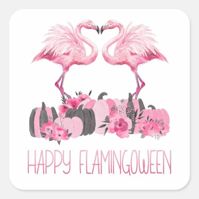 Adesivo Quadrado Halloween Flamingo Happy Flamingoween Watercolor (Frente)