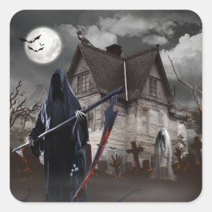 Adesivo Quadrado Halloween Grim Reaper assombrou Casa