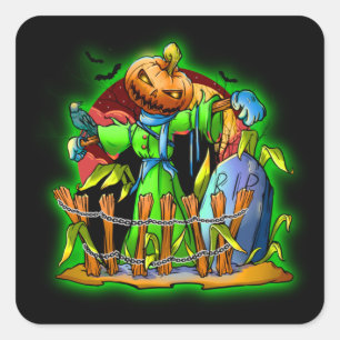 Adesivo Quadrado Halloween Lady Scarecrow Pumpkin Cabeça de Pumpki