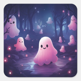 Adesivo Quadrado Halloween Na Floresta, Fantasmas Rosa E Bonitos