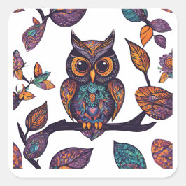 Adesivo Quadrado Halloween Owl Alebrije e Folhas