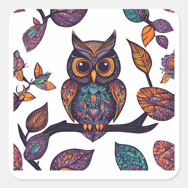 Adesivo Quadrado Halloween Owl Alebrije e Folhas (Frente)