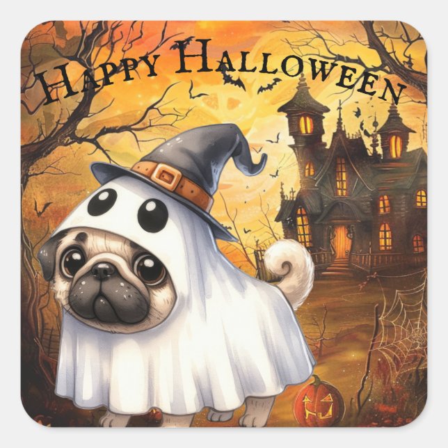 Adesivo Quadrado Halloween Personalizável de Ghostie Pug (Frente)