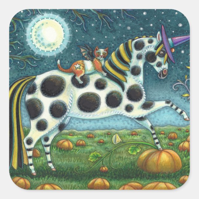Adesivo Quadrado HALLOWEEN SPONTTED PONY & BAT CAT Whimsical Horse (Frente)
