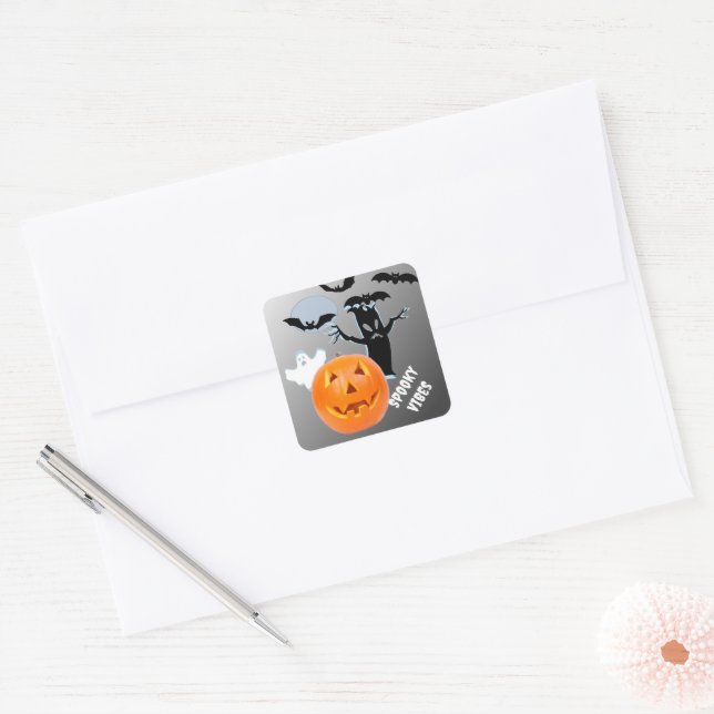 Adesivo Quadrado Halloween "Spooky Vibes", Ghosamente brilhante (Envelope)