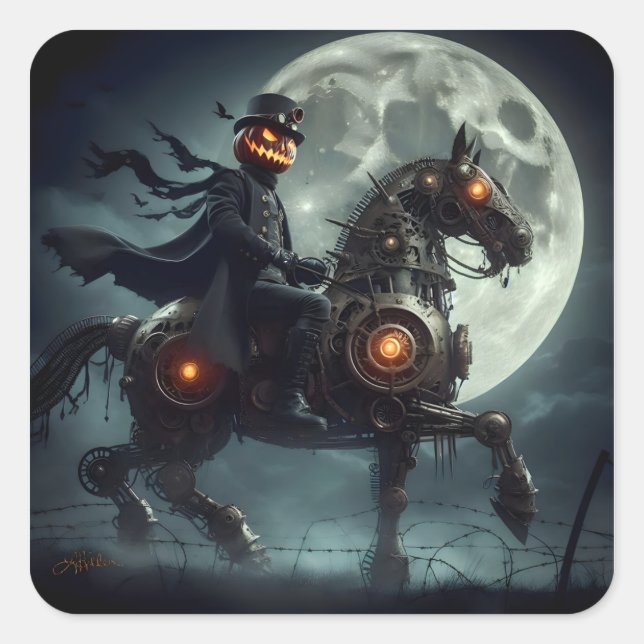 Adesivo Quadrado Halloween Steampunk Headless Horseman (Frente)