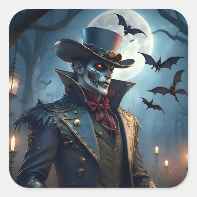 Adesivo Quadrado Halloween Steampunk Southern Gentleman Zombie (Frente)