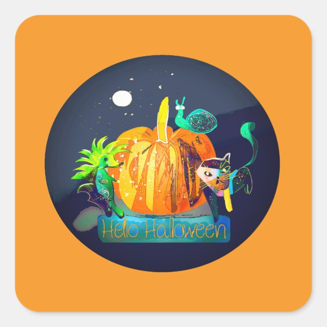 Adesivo Quadrado Halloween Stickers — Cartoon Pumpkin & Animals  (Frente)