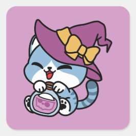 Adesivo Quadrado Halloween Tabby Cat – Witch Hat & Potion Art