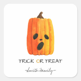 Adesivo Quadrado Halloween Trick ou Treine Watercolor Pumpkin Kids