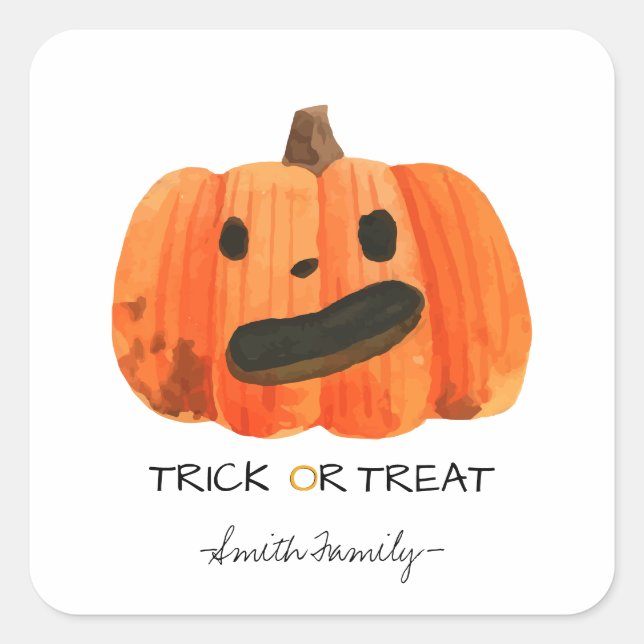 Adesivo Quadrado Halloween Trick ou Treine Watercolor Pumpkin Kids (Frente)