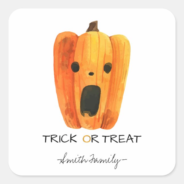 Adesivo Quadrado Halloween Trick ou Treine Watercolor Pumpkin Kids (Frente)
