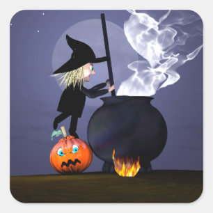 Adesivo Quadrado Halloween Witch e Cauldron