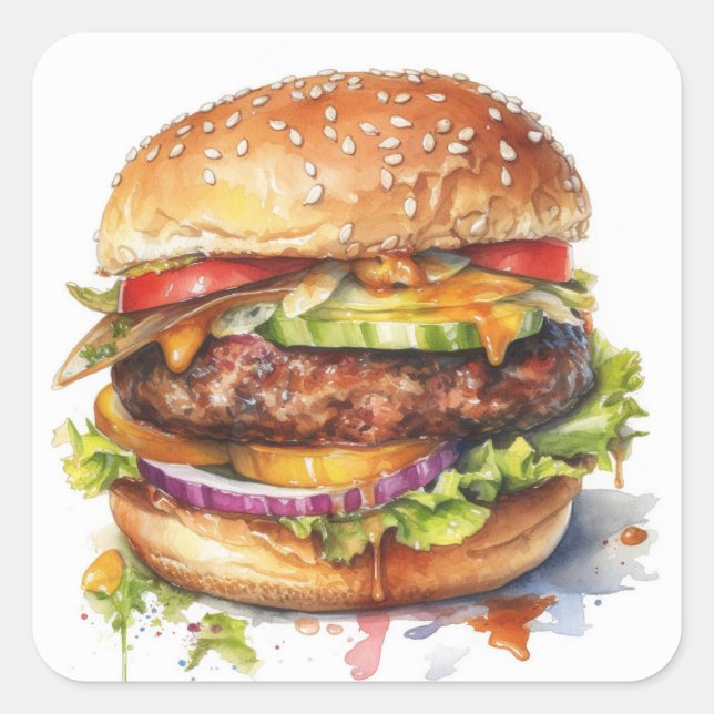 Adesivo Quadrado hambúrguer suculento - aquarela (Frente)