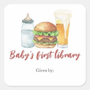 Adesivo Quadrado Hambúrgueres, Cerveja e Bebês - biblioteca do prim