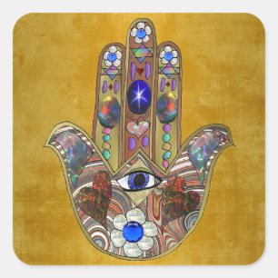 Adesivo Quadrado Hamsa Hearts Flowers Opal Art em Dourado