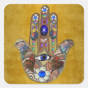 Adesivo Quadrado Hamsa Hearts Flowers Opal Art em Dourado