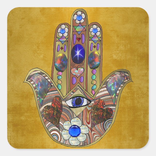 Adesivo Quadrado Hamsa Hearts Flowers Opal Art em Dourado (Frente)
