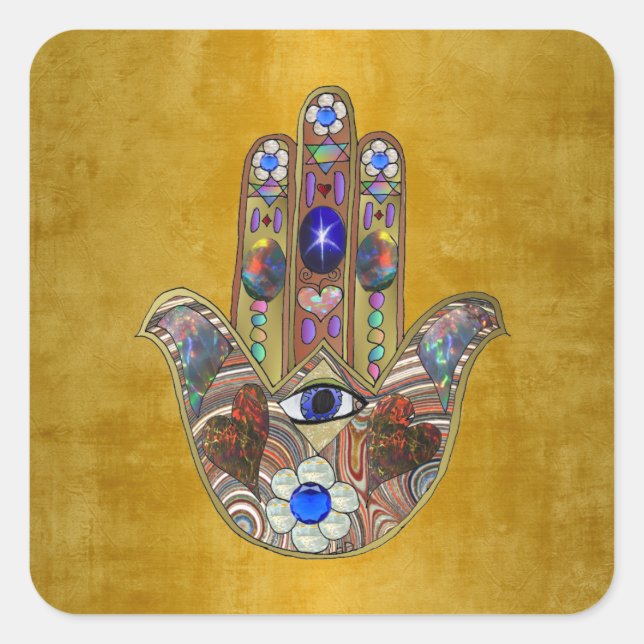 Adesivo Quadrado Hamsa Hearts Flowers Opal Art em Dourado (Frente)