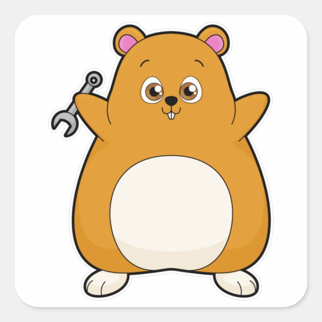 Adesivo Quadrado Hamster como mecânico com chave inglesa (Frente)