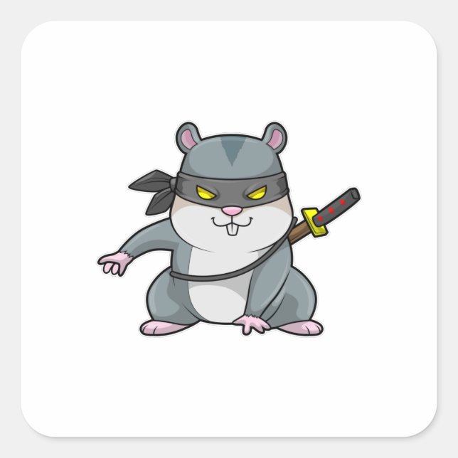 Adesivo Quadrado Hamster como Ninja nas artes marciais com espada (Frente)
