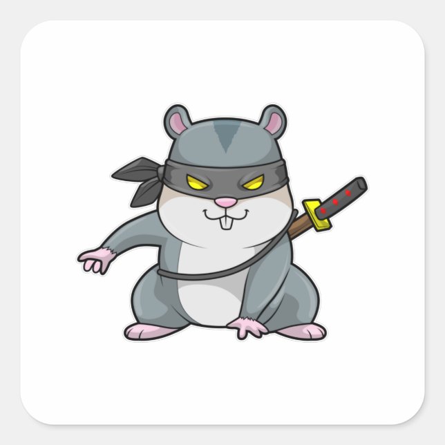 Adesivo Quadrado Hamster como Ninja nas artes marciais com espada (Frente)