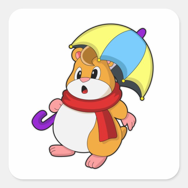 Adesivo Quadrado Hamster em chuva com guarda-chuva (Frente)