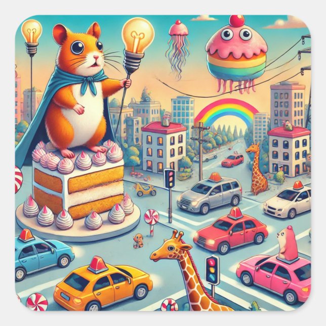 Adesivo Quadrado Hamster Heroico no Bolo na Cidade da Fantasia (Frente)