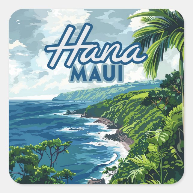 Adesivo Quadrado Hana Maui Hawaii Road até Hana Beach Coast Retro (Frente)