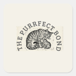 Adesivo Quadrado Hand-Carved Linocut Cat Mom & Kitten - Motherhood 