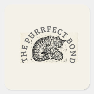 Adesivo Quadrado Hand-Carved Linocut Cat Mom & Kitten - Motherhood 
