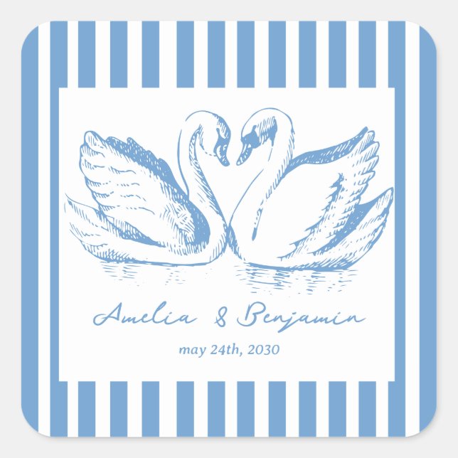 Adesivo Quadrado hand drawn Blue Couple Swan Whimsical Wedding (Frente)