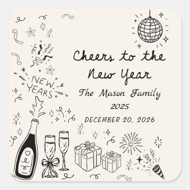 Adesivo Quadrado Hand Drawn New Year's Eve Party Sticker (Frente)