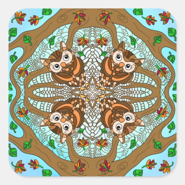 Adesivo Quadrado Hand Drawn Owl Mandala Trabalho de arte (Frente)