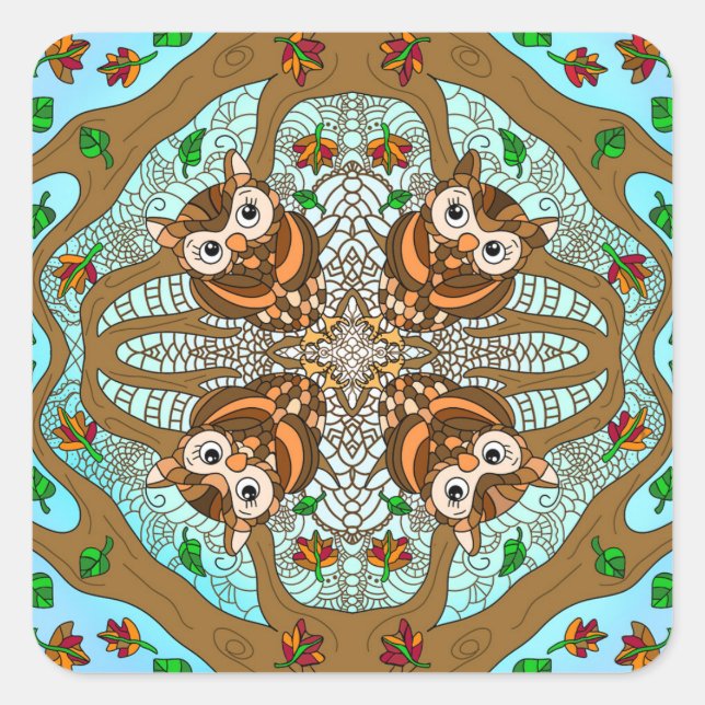 Adesivo Quadrado Hand Drawn Owl Mandala Trabalho de arte (Frente)