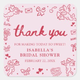 Adesivo Quadrado Hand Drawn Pink Red Hearts Valentine Bridal Shower