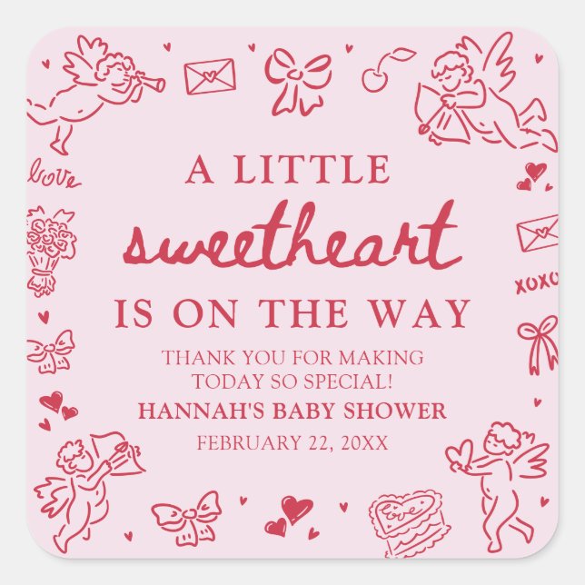 Adesivo Quadrado Hand Drawn Valentine Little Sweetheat Baby Shower (Frente)