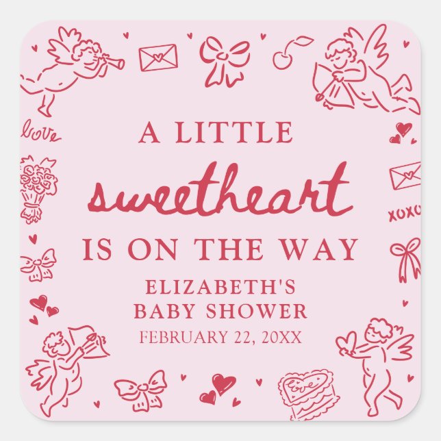 Adesivo Quadrado Hand Drawn Valentine Little Sweetheat Baby Shower (Frente)