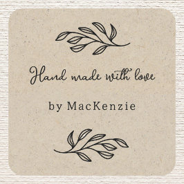 Adesivo Quadrado Hand Made With Love Brown Paper Botanical Leaf 