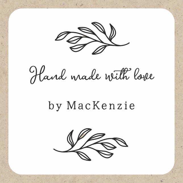 Adesivo Quadrado Hand Made With Love Personalized Botanical Leaf  (Personalized hand made with love botanical leaf line art stickers for small business makers)