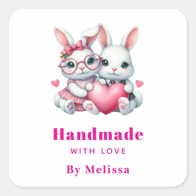 Adesivo Quadrado Handmade with Love Cute Bunnies Sharing a Heart (Frente)