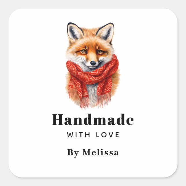 Adesivo Quadrado Handmade with Love Cute Fox in a Red Scarf (Frente)