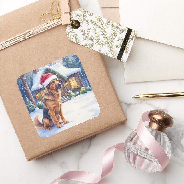 Adesivo Quadrado Hanoverian Scenthound Snowy Forest Cabin Santa Hat (Presentear)