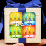 Adesivo Quadrado Hanukkah 4 Menorah Amarelo Azul Vermelho Nulo<br><div class="desc">Uma foto de perto de 4 fotos coloridas da menorah artística ajudam você a inaugurar o feriado de Chanucá. Sinta o calor e a alegria da temporada de férias sempre que você usa este incrível e colorido adesivo Chanucá. Cartões, carimbos, sacos de tote, servindo bandejas e outros produtos estão disponíveis...</div>