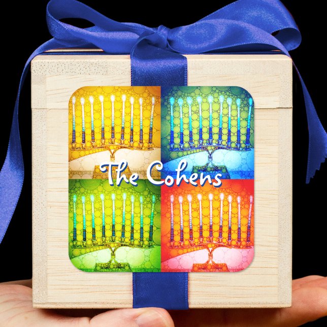 Adesivo Quadrado Hanukkah 4 Menorah Amarelo Azul Vermelho Nulo (Criador carregado)